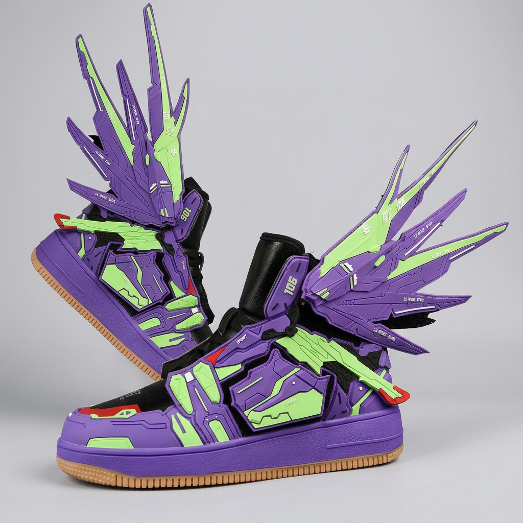 Purple and green winged sneakers, side studio view