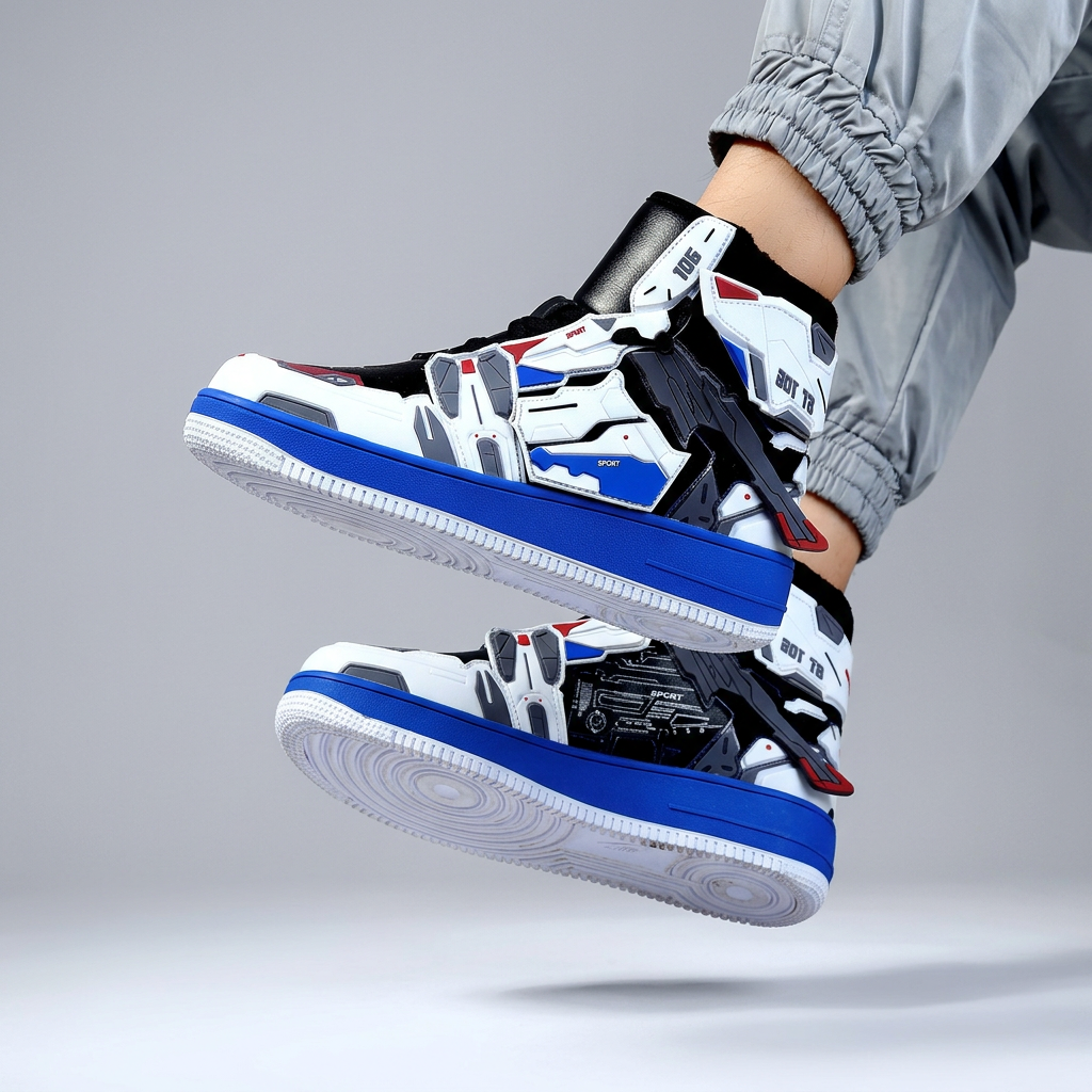 Blue and white sneakers without wings, lifted on-foot view