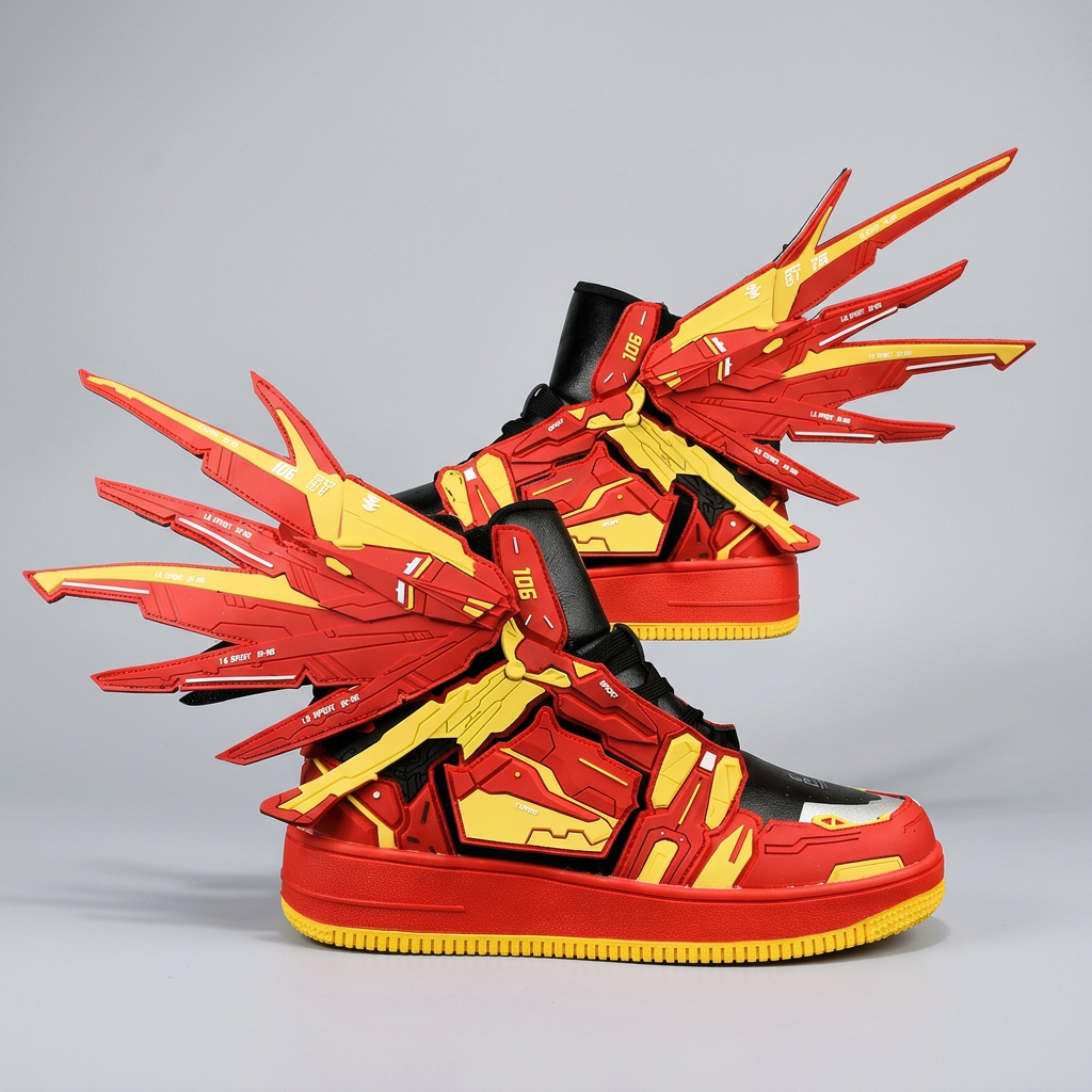 Red and yellow futuristic winged sneakers, studio pair