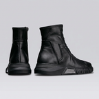 Rear and side views of black Clotechnow leather ankle boots