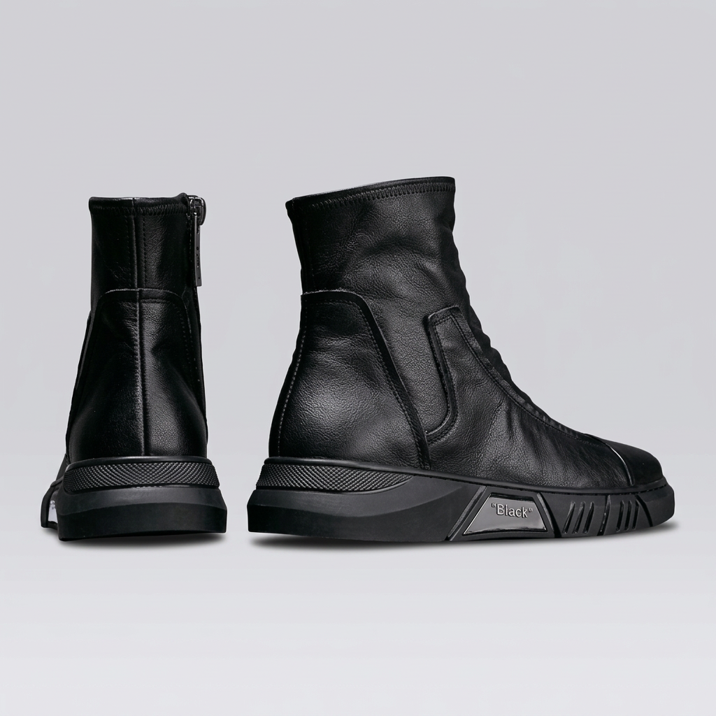 Rear and side views of black Clotechnow leather ankle boots