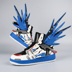 Blue and white futuristic winged sneakers, studio pair