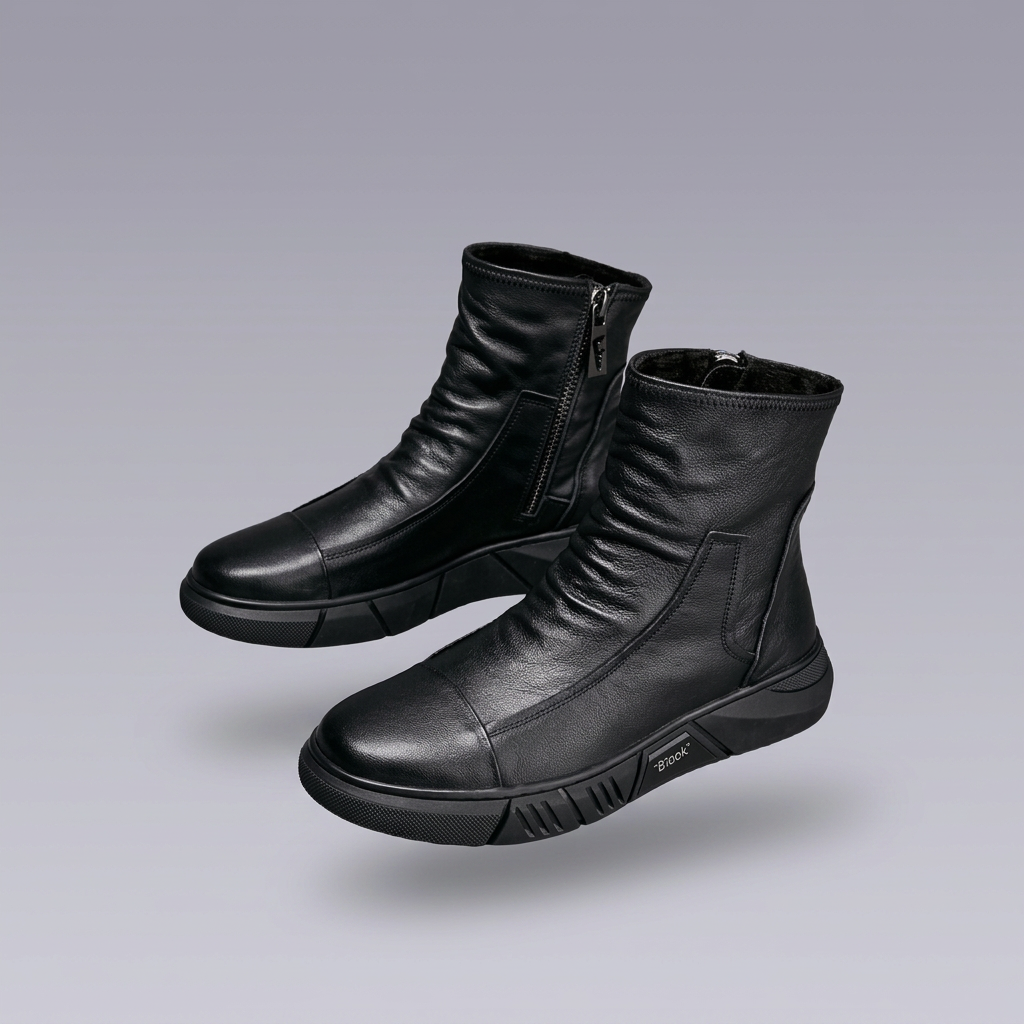 Pair of black Clotechnow leather ankle boots with stitched panels and rubber soles