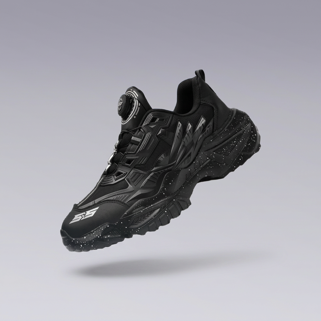 Black Cyber Monster techwear shoe with rotary buckle and chunky speckled sole