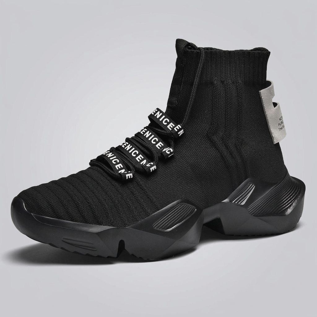 Black C TECH high-top cyberpunk sneaker with sculpted Hyper Sole, three-quarter view