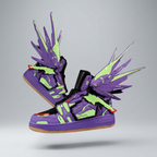 Purple and lime green futuristic winged sneakers, studio hero pair