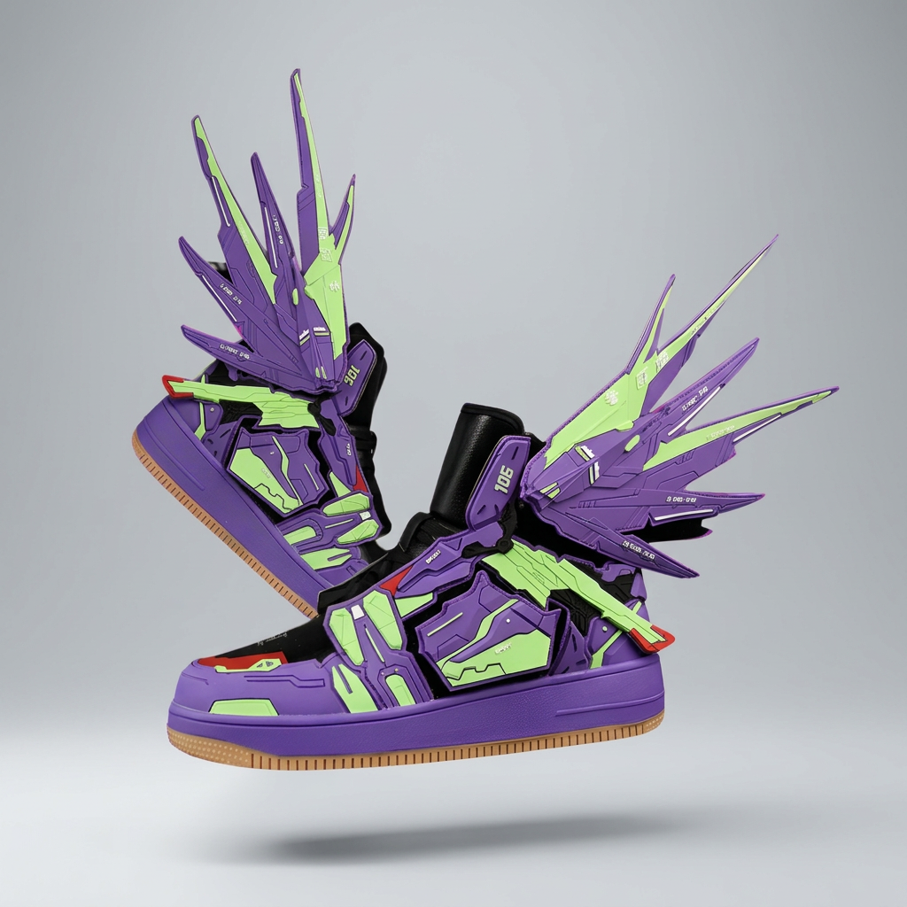 Purple and lime green futuristic winged sneakers, studio hero pair
