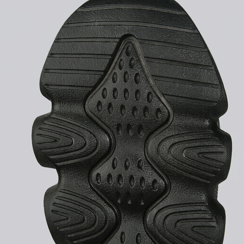 Black rubber outsole tread close-up