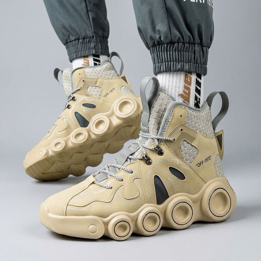 Beige sneakers worn with gray joggers, front and outsole views
