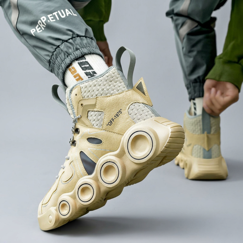 Beige wheel-sole sneakers, angled on-foot view