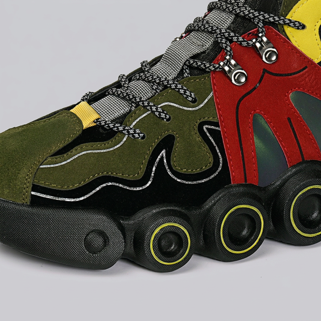 Olive and red sneaker lace, stitching and circular sole detail