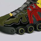 Olive and red sneaker lace, stitching and circular sole detail