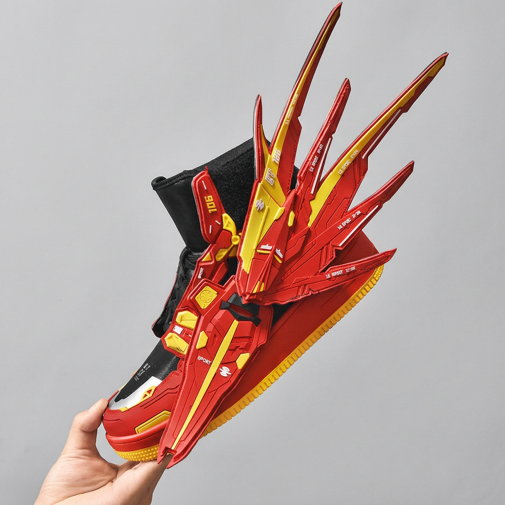 Red and yellow winged sneaker held by hand, studio close-up