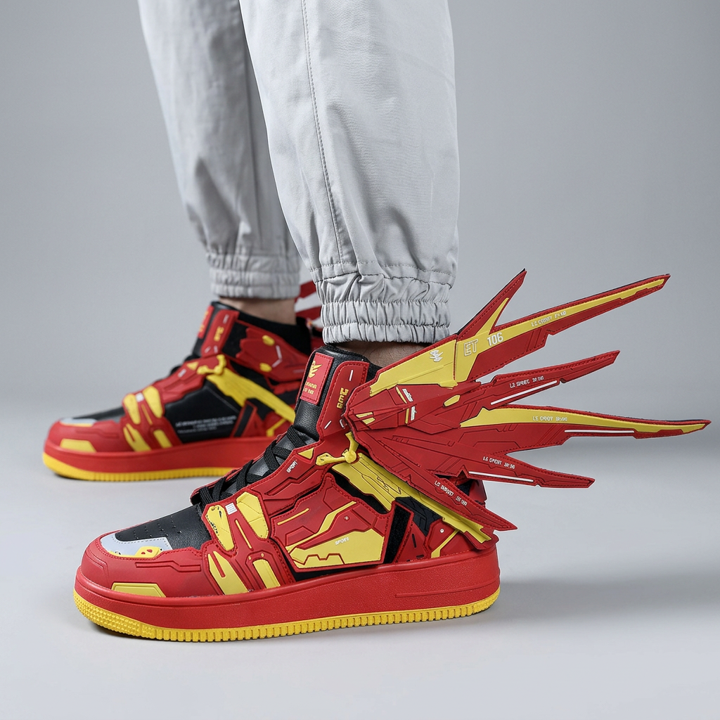 Red and yellow winged sneakers worn with gray joggers