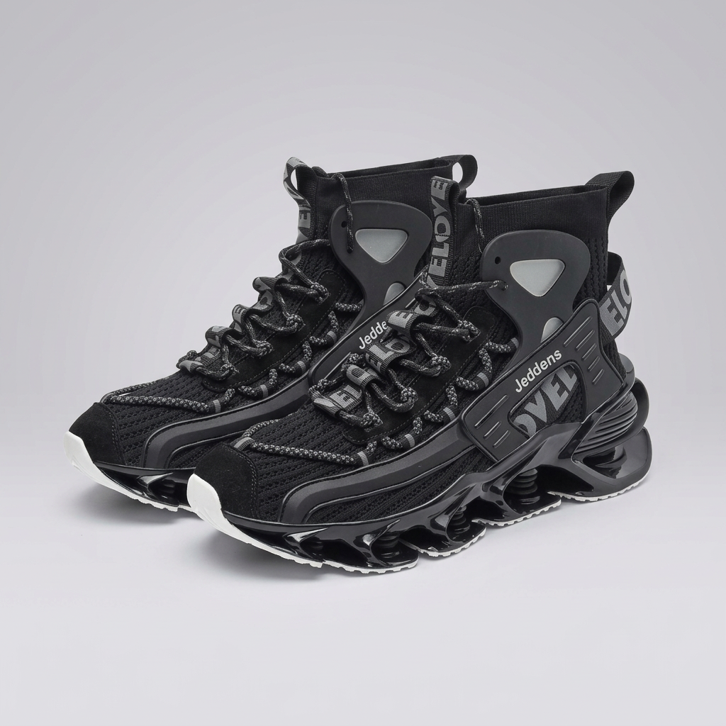 Pair of black high-top AeroFrame sneakers in a studio setting