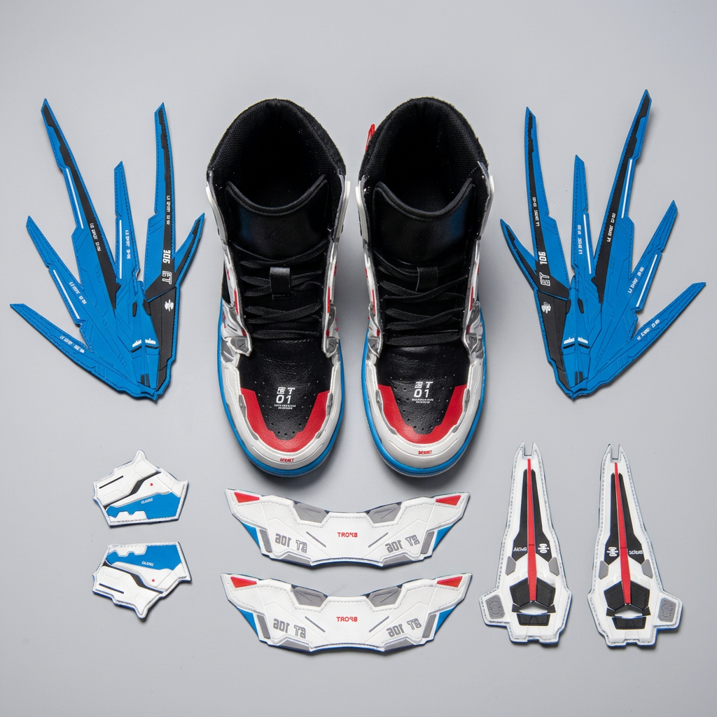Blue and white sneakers with detached wing and decorative panels, overhead layout