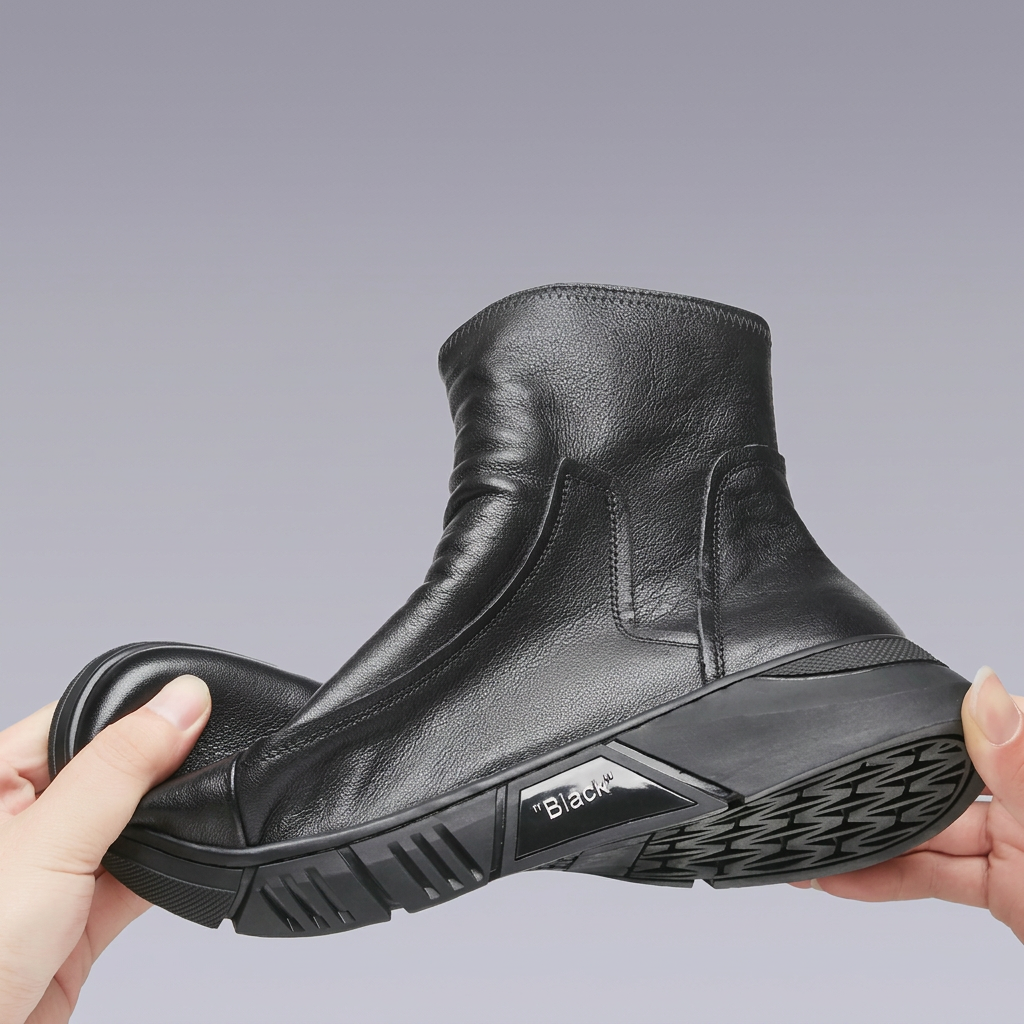 Hands holding a black leather boot in a bending demonstration