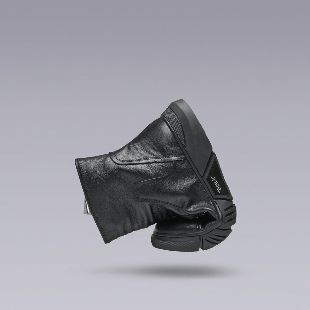 Black leather boot shown in a bent demonstration pose
