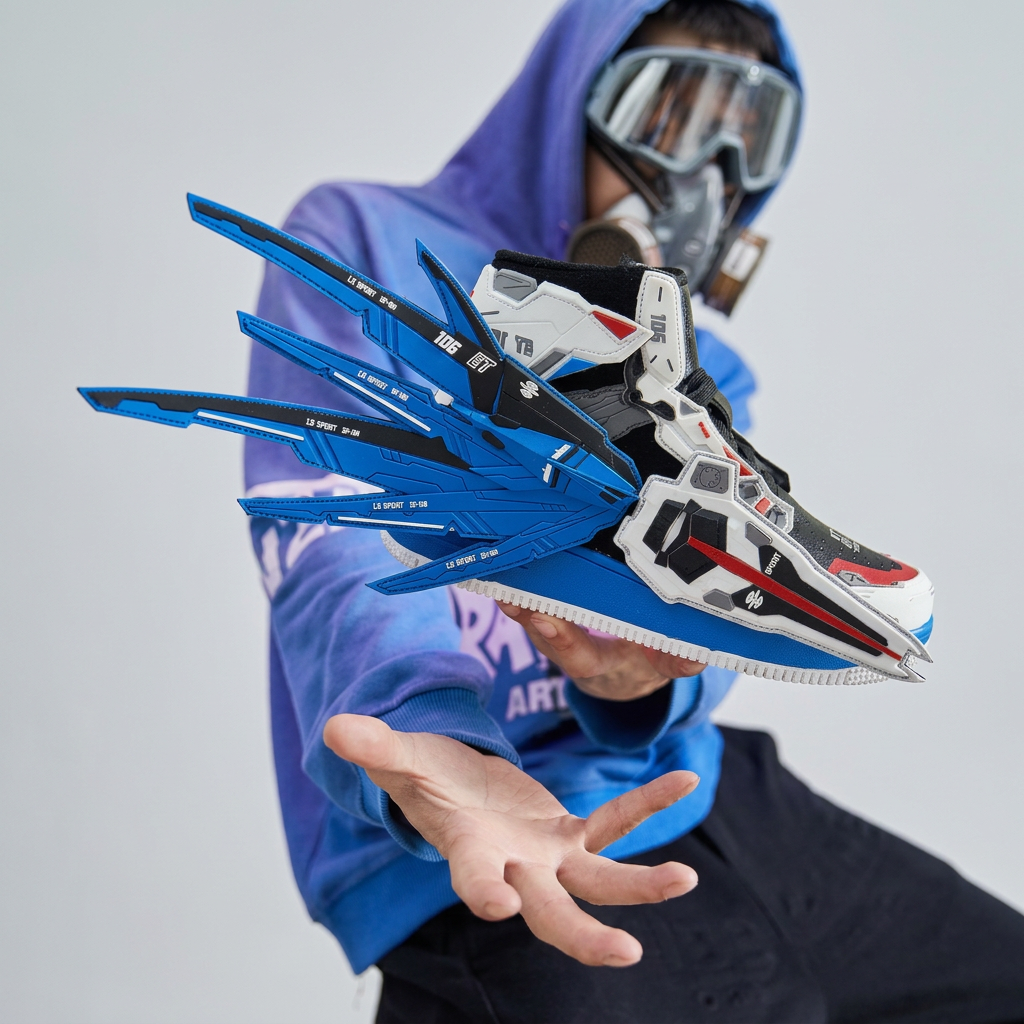Blue and white winged sneaker presented by a model