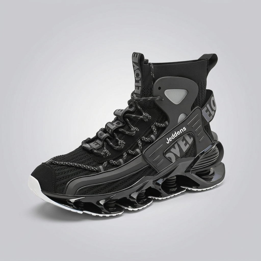 Black high-top AeroFrame utility sneaker, three-quarter studio view