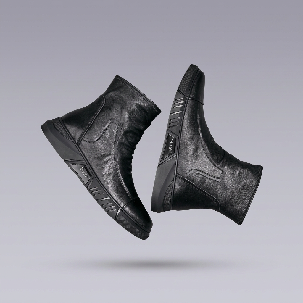 Black leather ankle boots shown from rotated side angles