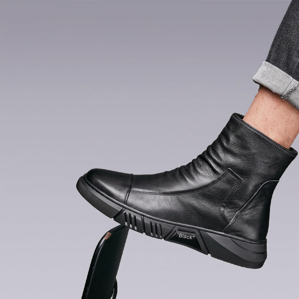 Black Clotechnow leather ankle boot worn with cuffed jeans