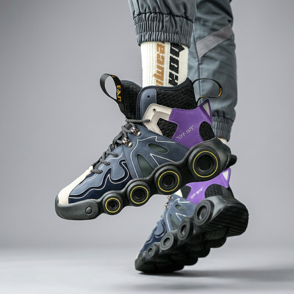 Dark navy and purple sneakers, lifted pair with outsole visible
