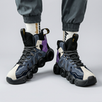 Dark navy and purple sneakers, frontal on-foot pair
