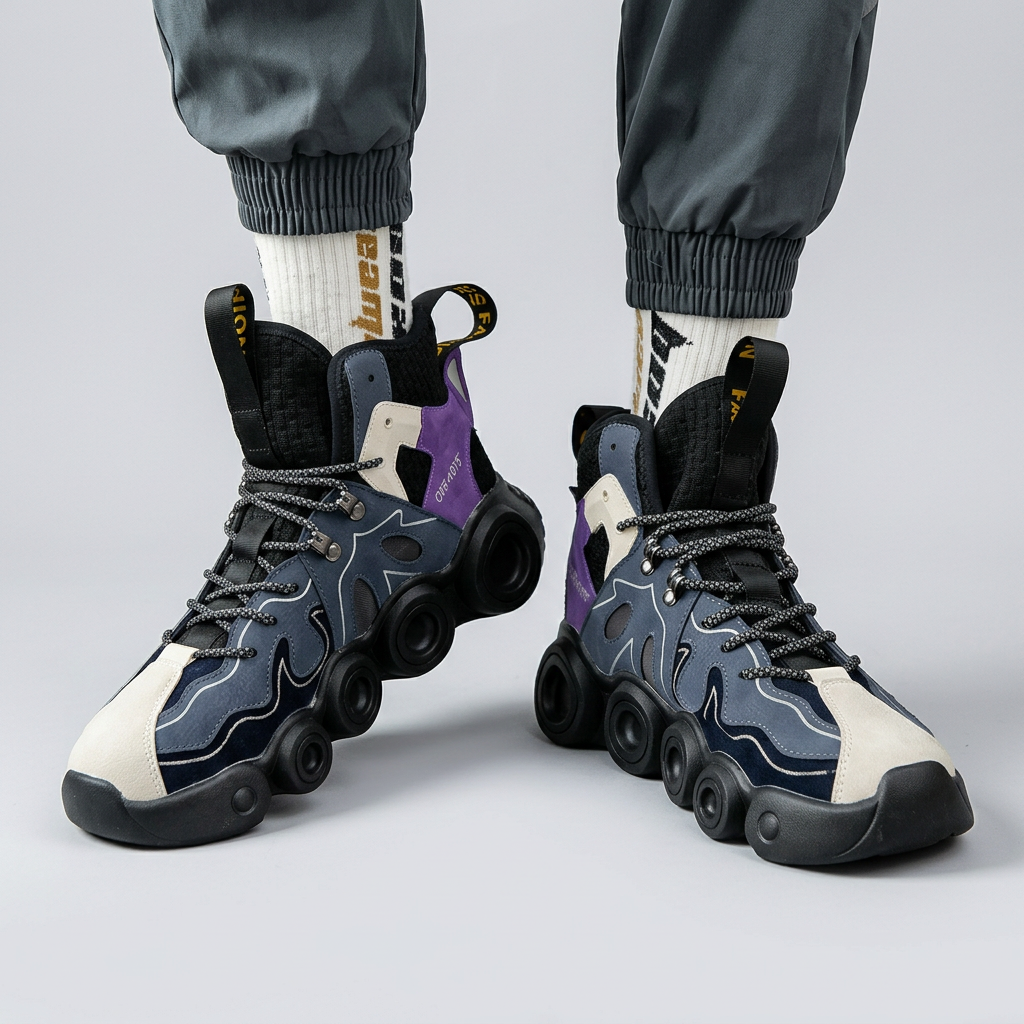 Dark navy and purple sneakers, frontal on-foot pair