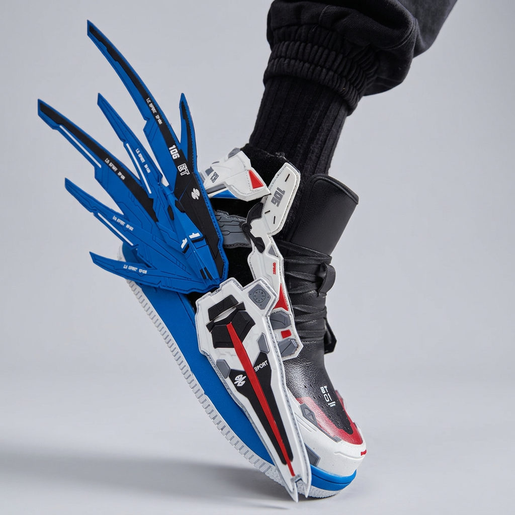 Blue and white winged sneaker, tilted on-foot detail
