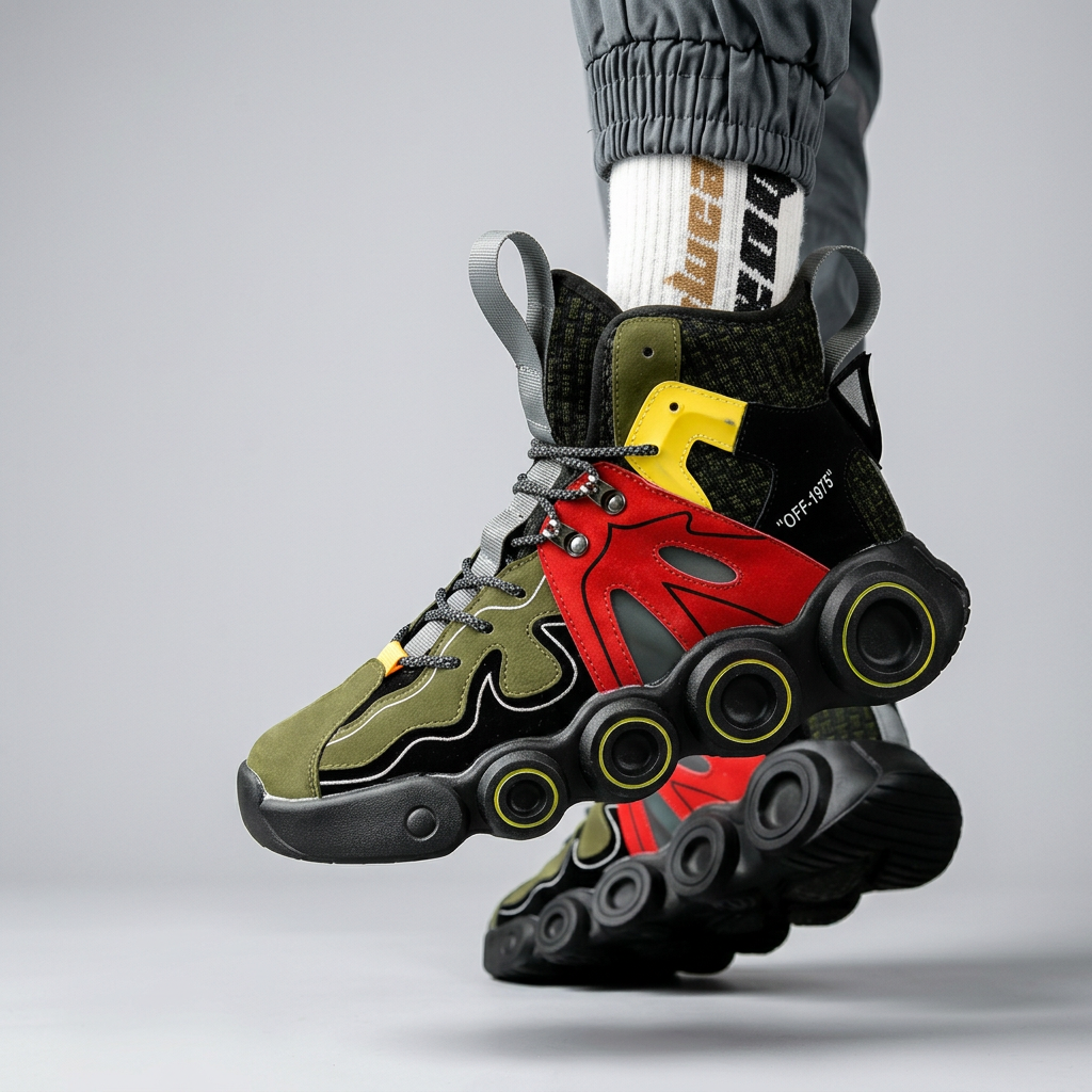 Olive and red sneakers worn in a lifted pose