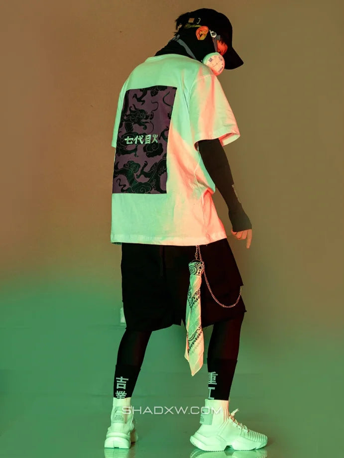 Dark graphic techwear t-shirt with an abstract futuristic print and relaxed urban streetwear silhouette, Clotechnow series 057 — view 8