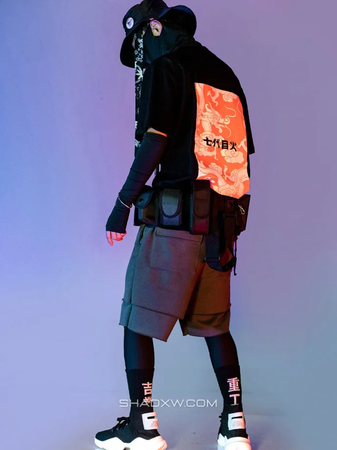 Dark graphic techwear t-shirt with an abstract futuristic print and relaxed urban streetwear silhouette, Clotechnow series 057 — view 4