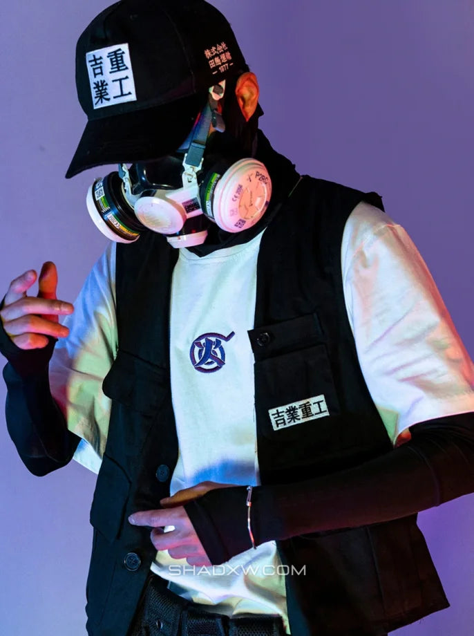 Dark graphic techwear t-shirt with an abstract futuristic print and relaxed urban streetwear silhouette, Clotechnow series 057 — view 3