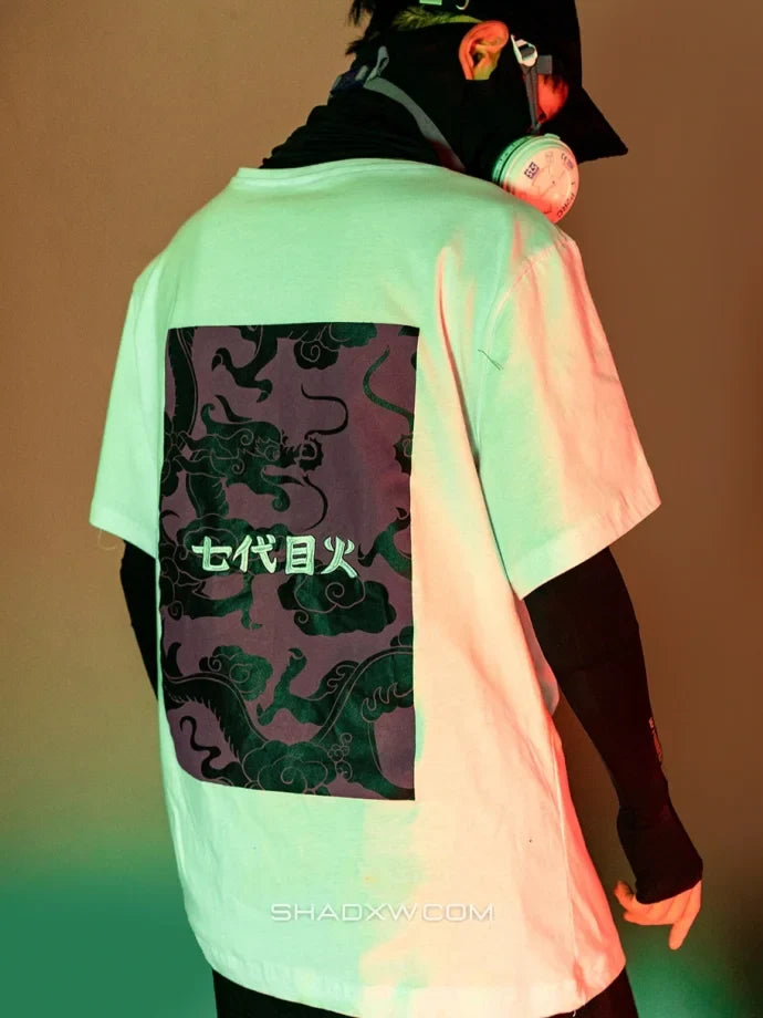 Dark graphic techwear t-shirt with an abstract futuristic print and relaxed urban streetwear silhouette, Clotechnow series 057 — view 7