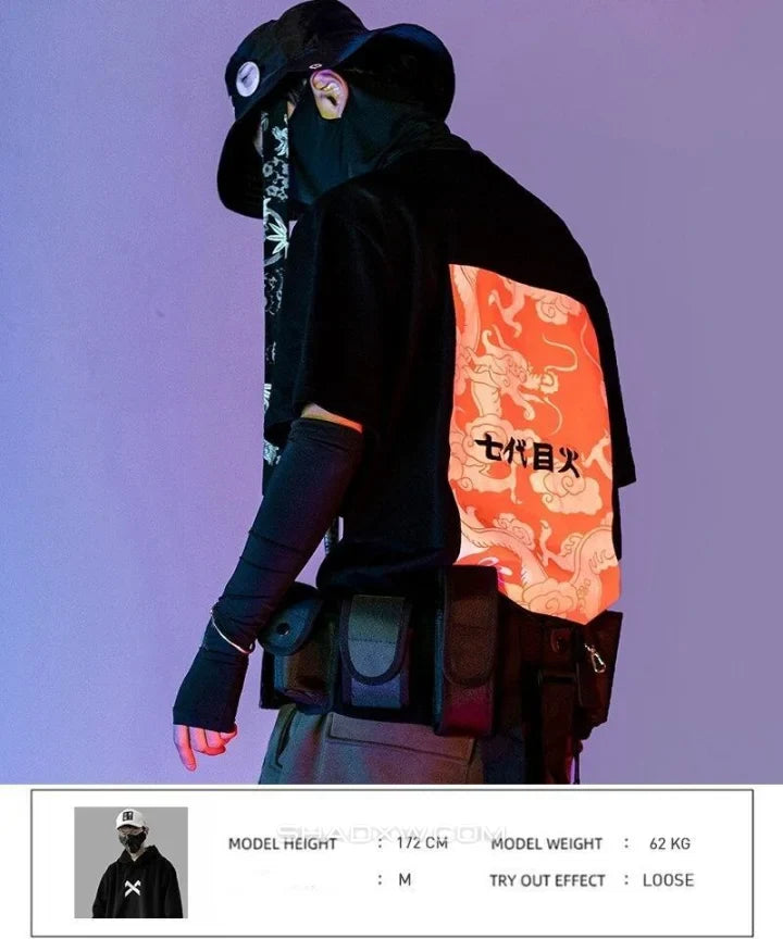 Dark graphic techwear t-shirt with an abstract futuristic print and relaxed urban streetwear silhouette, Clotechnow series 057 — view 6