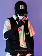 Dark graphic techwear t-shirt with an abstract futuristic print and relaxed urban streetwear silhouette, Clotechnow series 057 — view 5