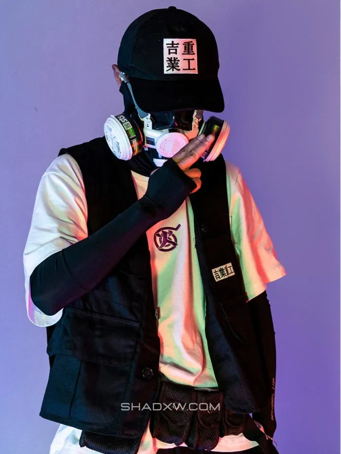 Dark graphic techwear t-shirt with an abstract futuristic print and relaxed urban streetwear silhouette, Clotechnow series 057 — view 5