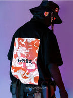 Dark graphic techwear t-shirt with an abstract futuristic print and relaxed urban streetwear silhouette, Clotechnow series 057 — view 2