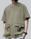 Dark graphic techwear t-shirt with an abstract futuristic print and relaxed urban streetwear silhouette, Clotechnow series 049 — view 1