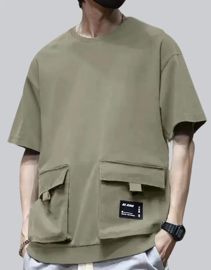 Dark graphic techwear t-shirt with an abstract futuristic print and relaxed urban streetwear silhouette, Clotechnow series 049 — view 1