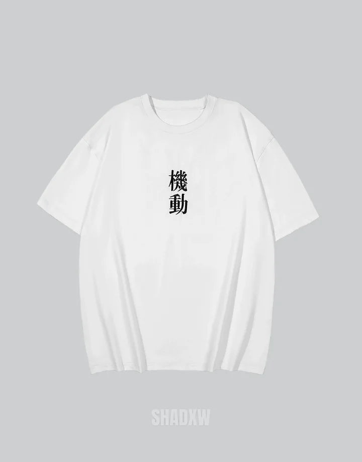 Monochrome oversized techwear shirt with minimalist paneling and extended hem in black and white options for contemporary streetwear looks — view 2