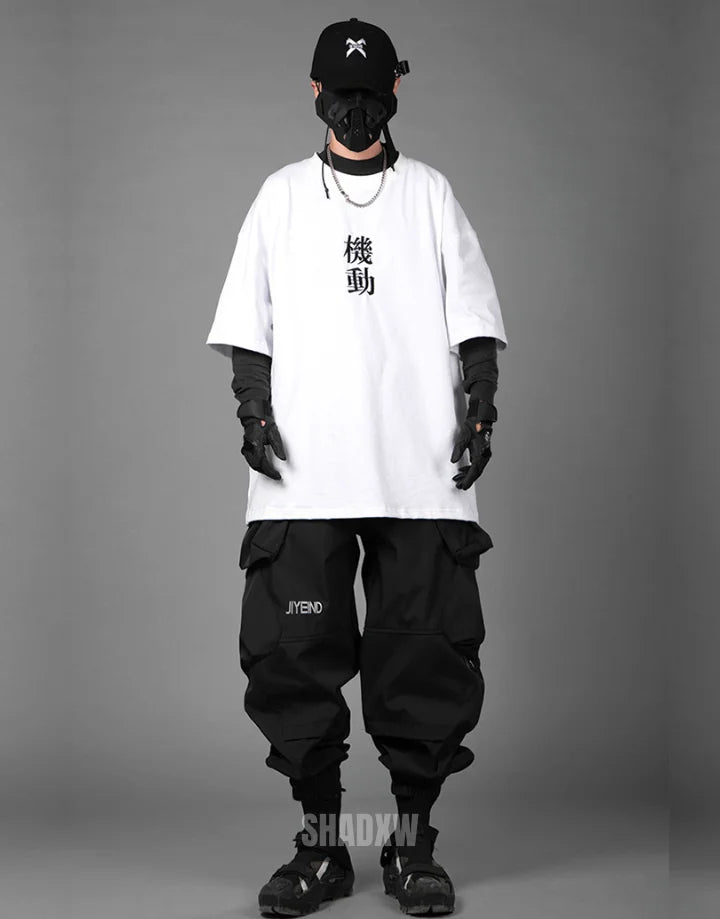 Monochrome oversized techwear shirt with minimalist paneling and extended hem in black and white options for contemporary streetwear looks — view 13