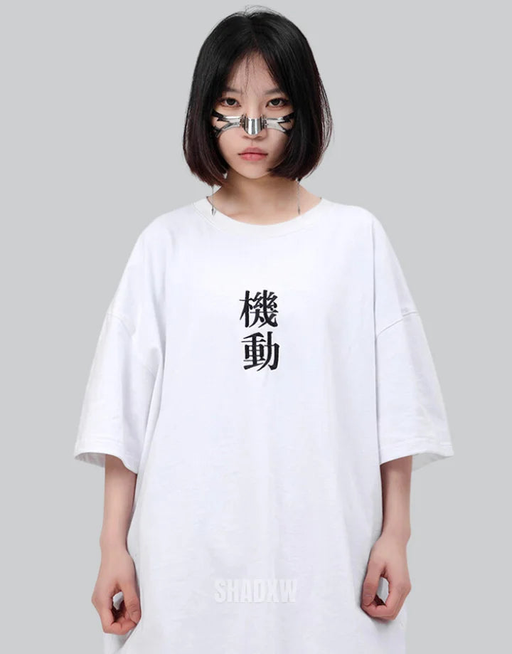 Monochrome oversized techwear shirt with minimalist paneling and extended hem in black and white options for contemporary streetwear looks — view 9