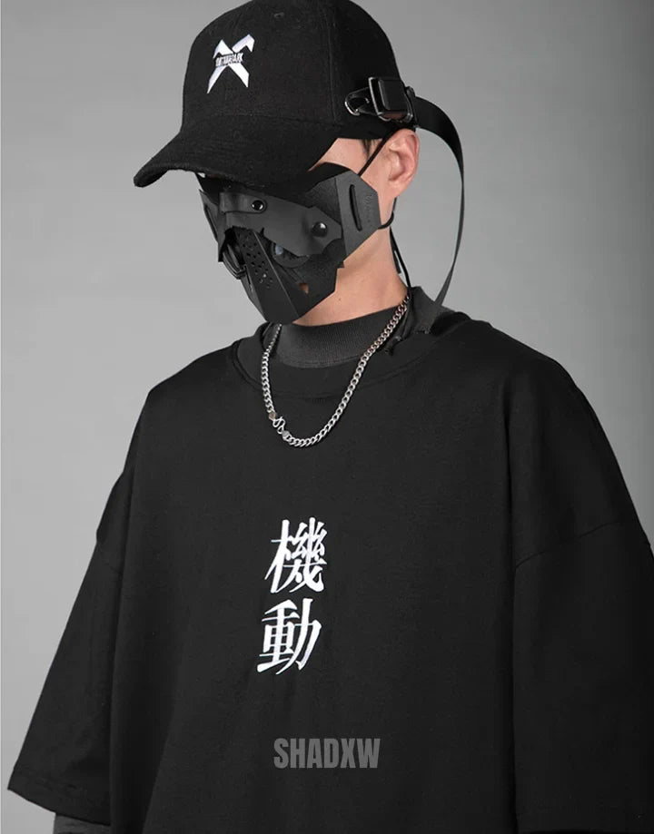 Monochrome oversized techwear shirt with minimalist paneling and extended hem in black and white options for contemporary streetwear looks — view 6