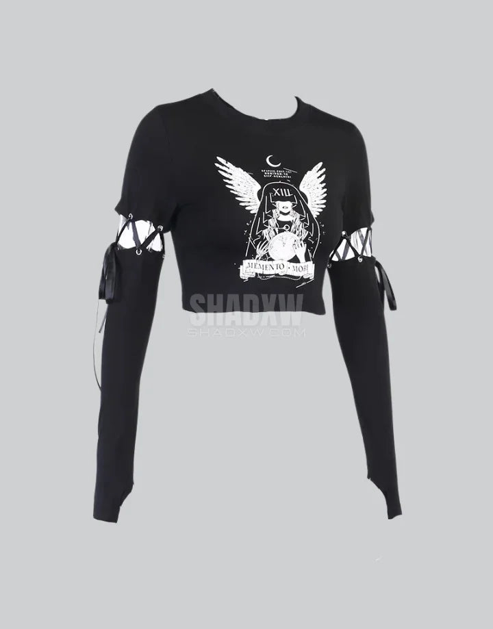 Dark graphic techwear t-shirt with an abstract futuristic print and relaxed urban streetwear silhouette, Clotechnow series 068 — view 3