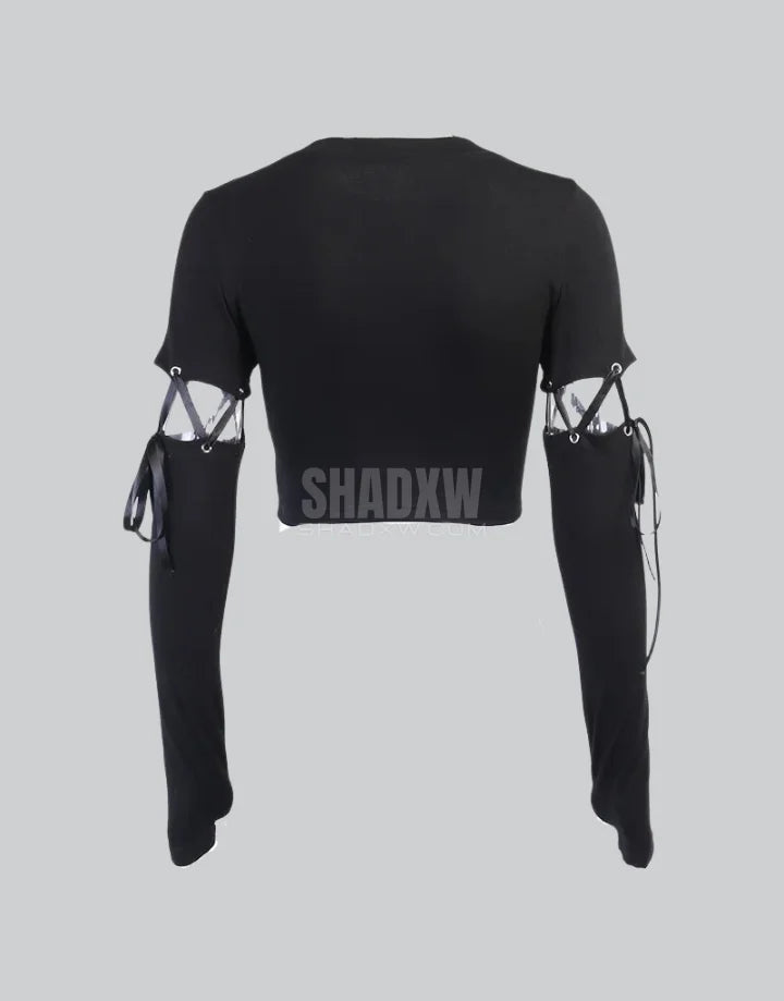 Dark graphic techwear t-shirt with an abstract futuristic print and relaxed urban streetwear silhouette, Clotechnow series 068 — view 4