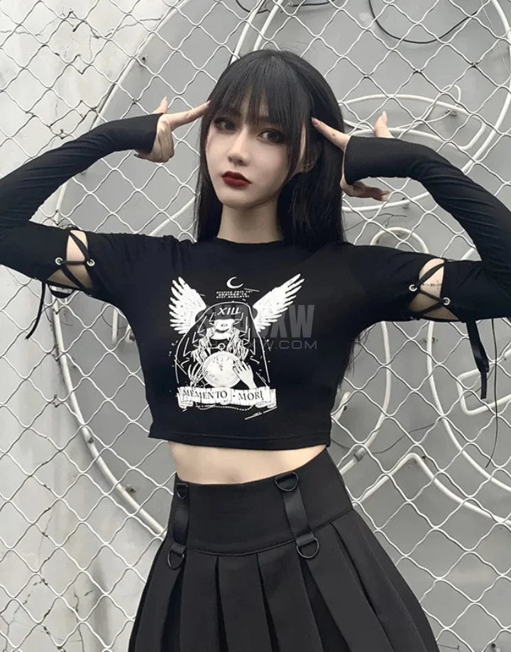 Dark graphic techwear t-shirt with an abstract futuristic print and relaxed urban streetwear silhouette, Clotechnow series 068 — view 8