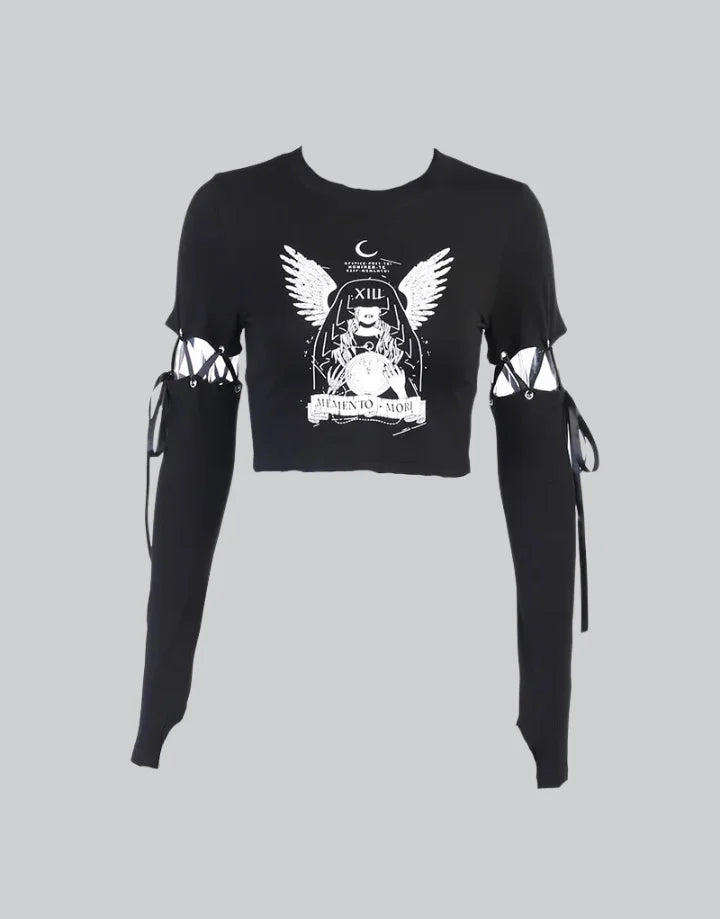 Dark graphic techwear t-shirt with an abstract futuristic print and relaxed urban streetwear silhouette, Clotechnow series 068 — view 1