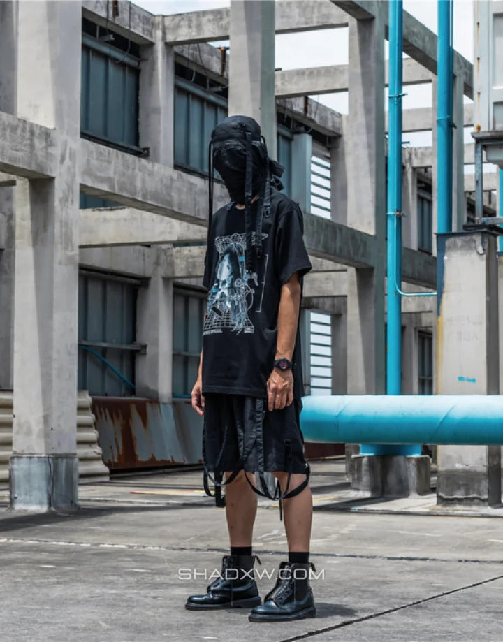 Graphic techwear tee featuring mech blueprint and schematic artwork with layered typography for a technical urban aesthetic — view 6